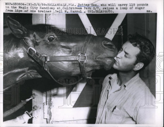 1959 Press Photo Better Bee & trainer Dell Carrol prep for Magic City Handicap - Historic Images