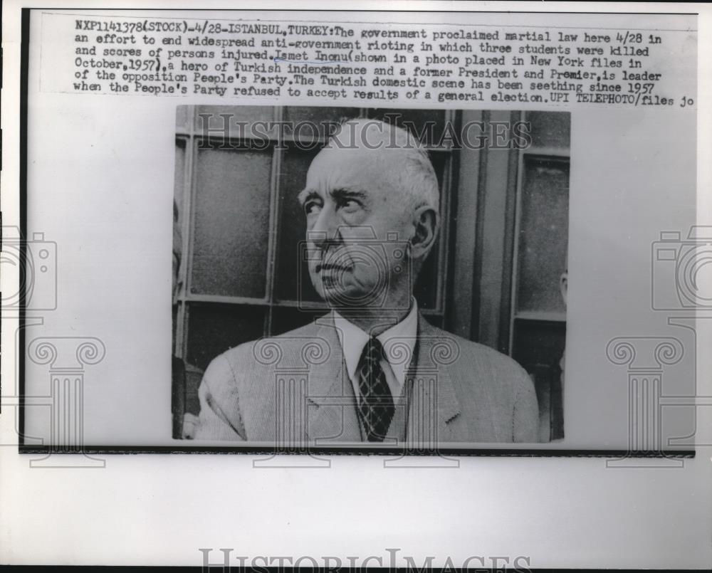 1960 Press Photo Ismet Inonu shown in Istanbul, Turkey during Martial Law - Historic Images