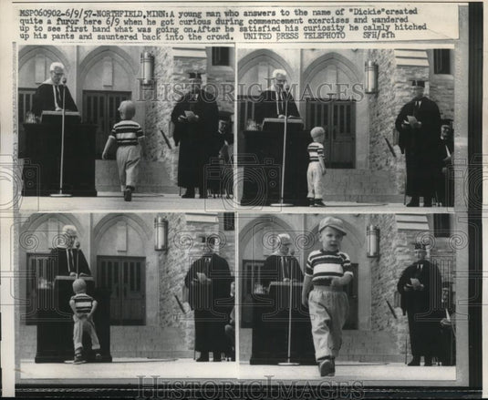 1957 Press Photo Young boy disturbs commencement ceremony at St. Olaf's - Historic Images