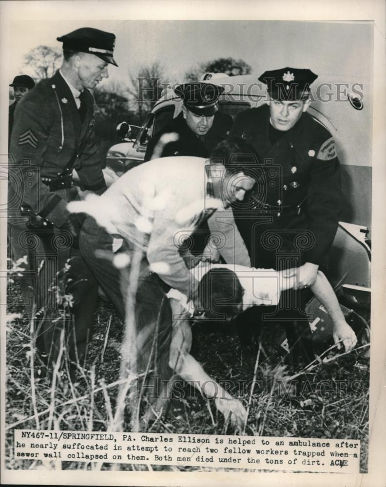 1949 Press Photo Springfield, Pa. Charles Ellison rescued from sewer sink hole - Historic Images