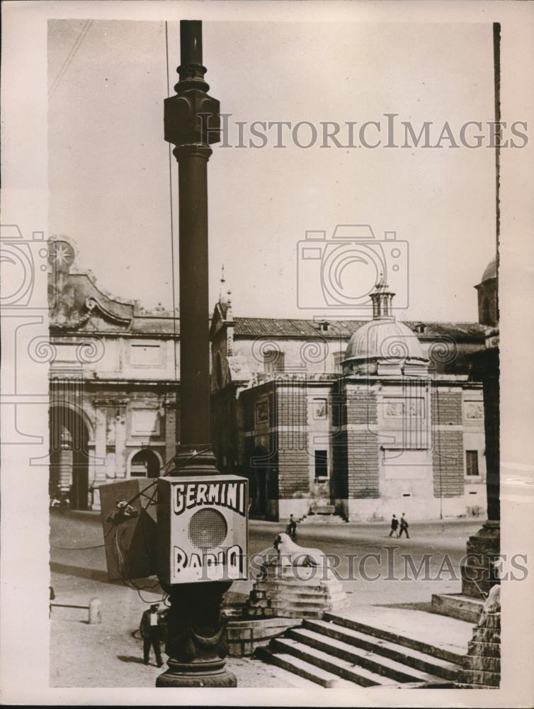 1935 Press Photo Loudspeaker Erected in the Piazze Del Popolo in Rome - Historic Images