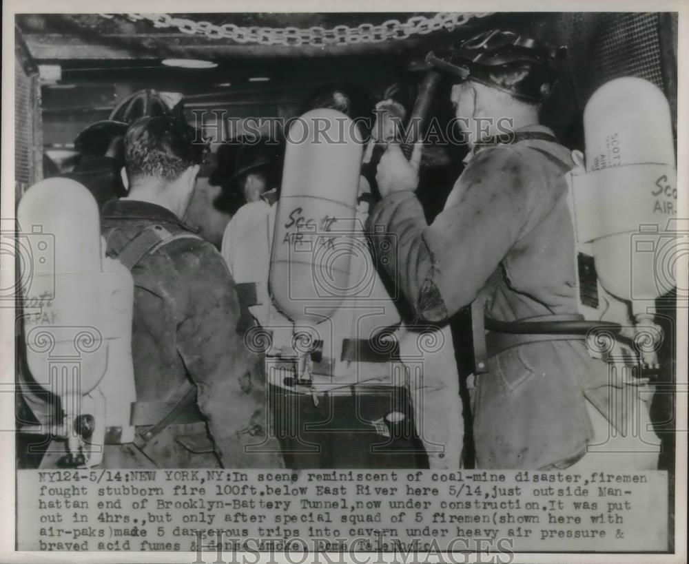 1947 Press Photo NYC, Firemen prep for fire 100 ft underground in Tunnel - Historic Images