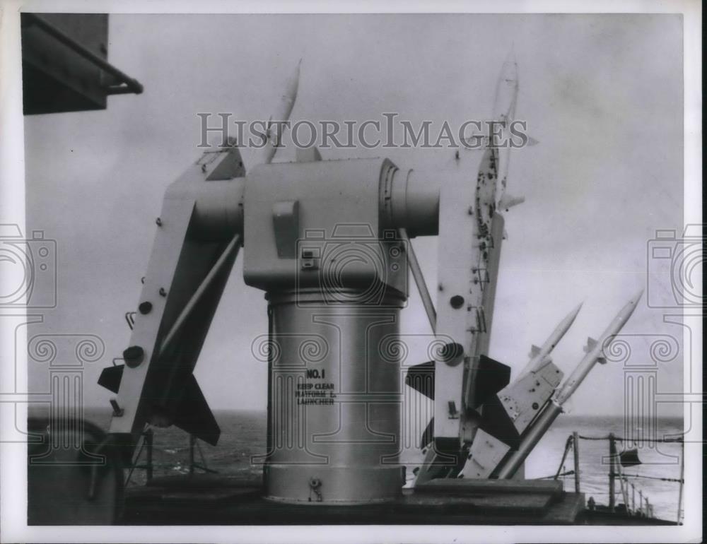 1955 Press Photo Missle launchers on ship USS Boston in a close-up - neb83980 - Historic Images