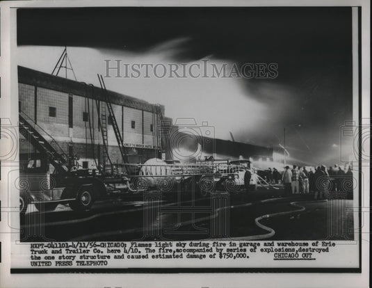 1956 Press Photo Chicago firemen battle blaze at Erier Truck & Trailer Co - Historic Images