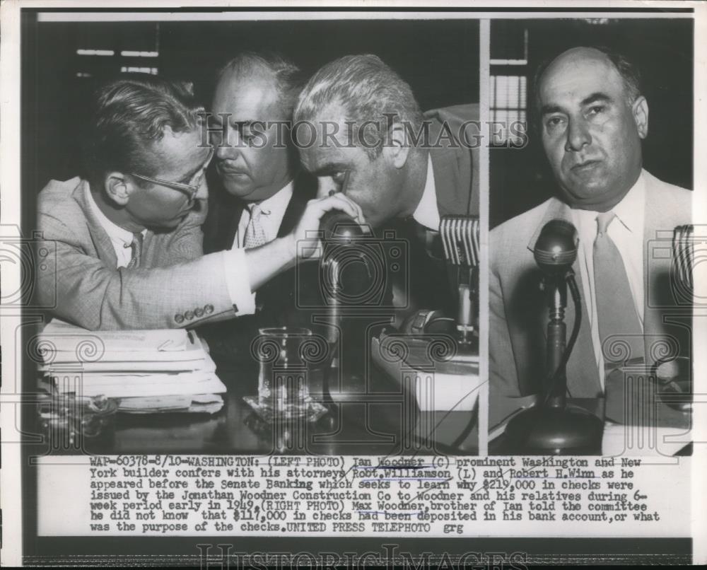 1954 Press Photo Ian Woodner Confers With Attorneys at Senate Banking Hearing - Historic Images