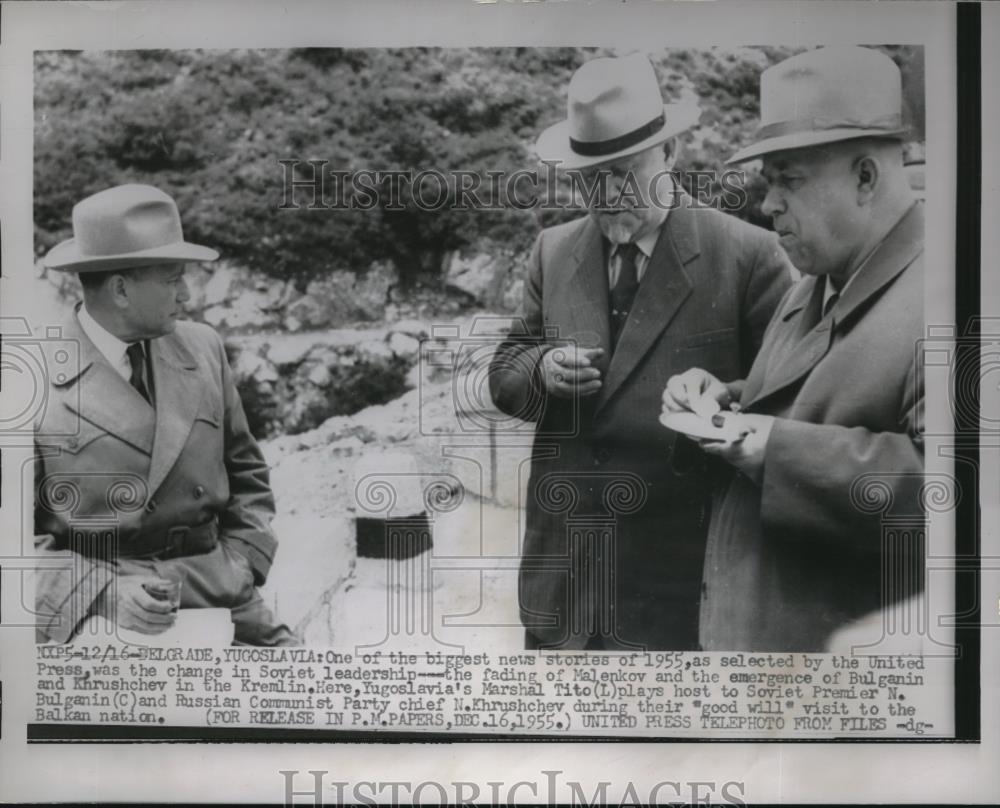 1955 Press Photo Yugoslavia&#39;s Tito hosts Soviet Premier Bulganin &amp; Khrushschev - Historic Images