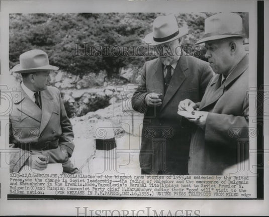 1955 Press Photo Yugoslavia's Tito hosts Soviet Premier Bulganin & Khrushschev - Historic Images