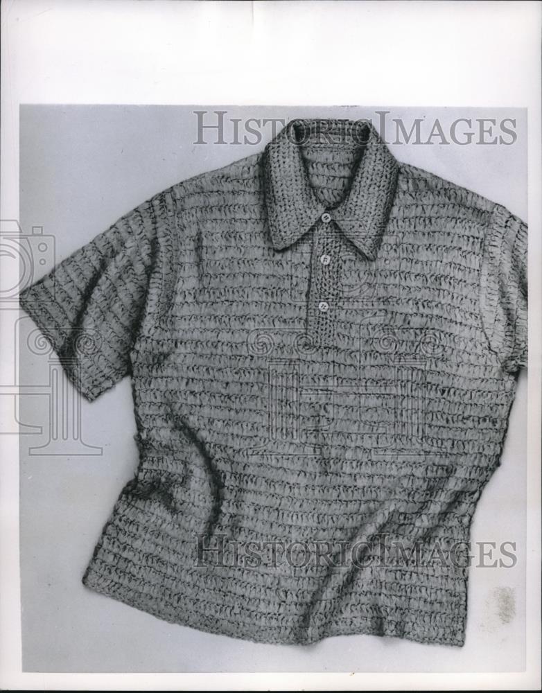 1952 Press Photo Hand Crocheted Silk Ribbon sports Shirt - Historic Images