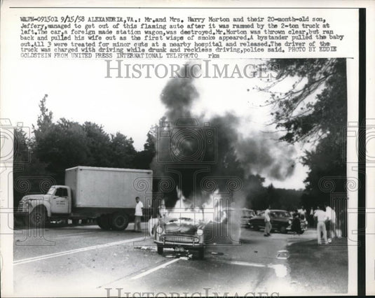 1958 Press Photo Flaming car ridden by Mr & Mrs Harry Morton & their son Jeffery - Historic Images
