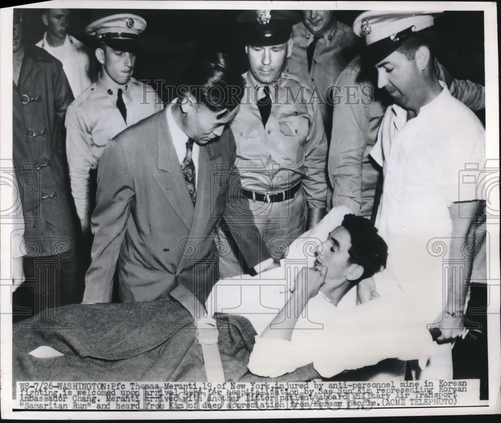 1950 Press Photo Pfc. Thomas Meranti of NY Injured in Mine While in Korea - Historic Images