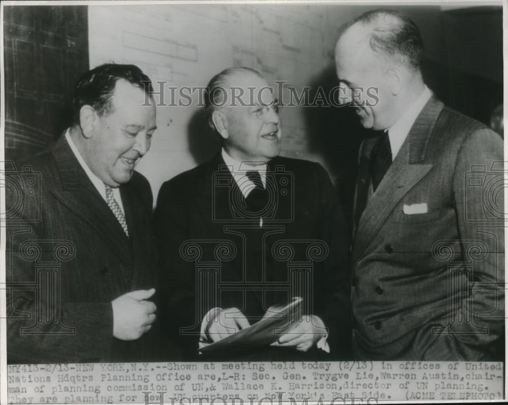 Press Photo UN Secy. Gen. Trygve Lie, Warren Austin, Wallace Harrison in NY - Historic Images