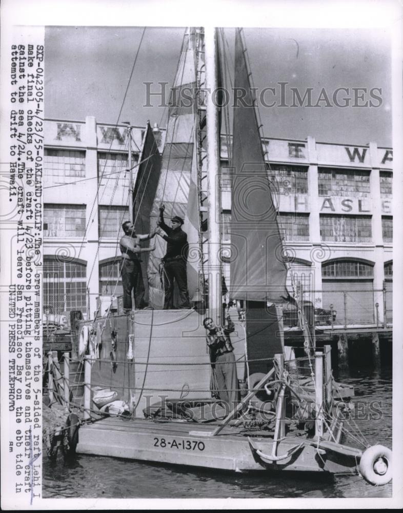 1955 Press Photo 3 Crew Members of 5 Sided Raft Lehi I in California - Historic Images