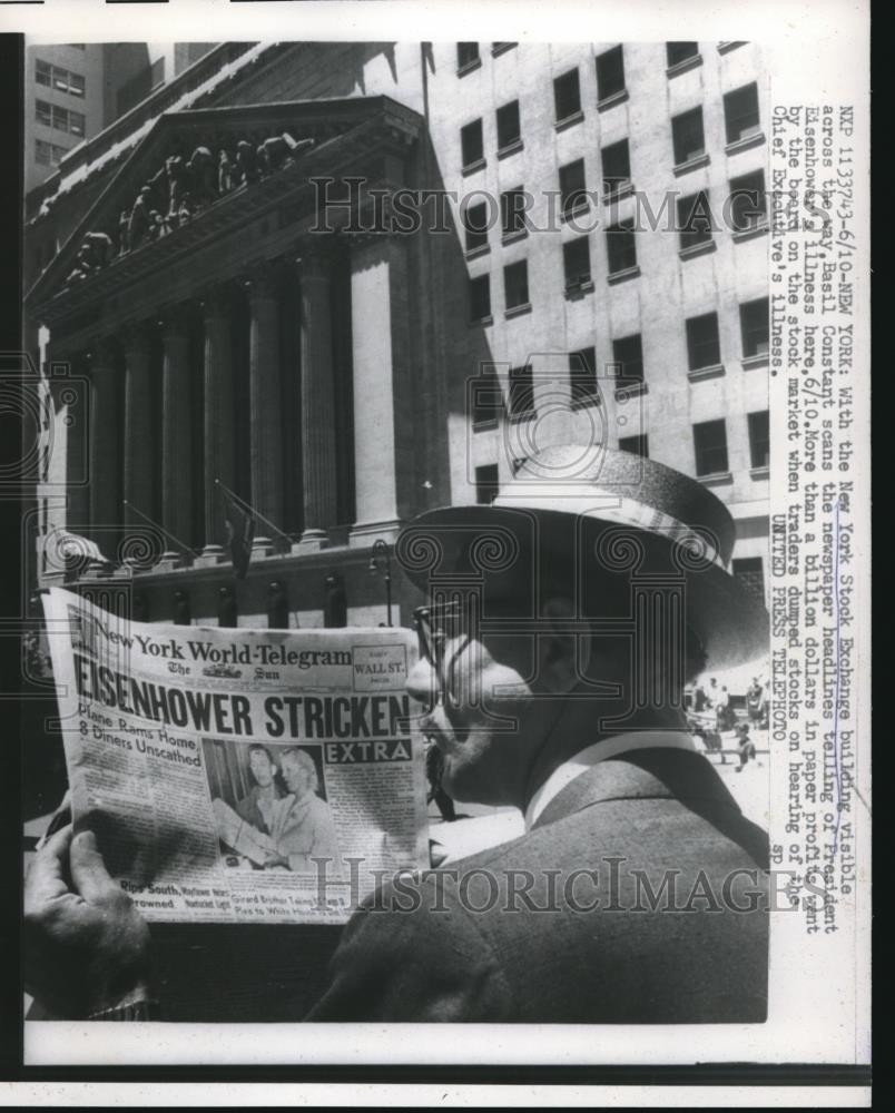 1957 Press Photo NYC, NYSE building &amp; Basil Constant reads news headlines - Historic Images