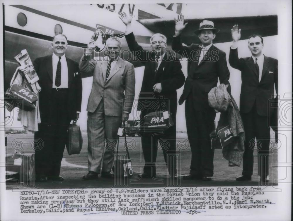 1956 Press Photo US Builders Wave As They Return from Russia - Historic Images