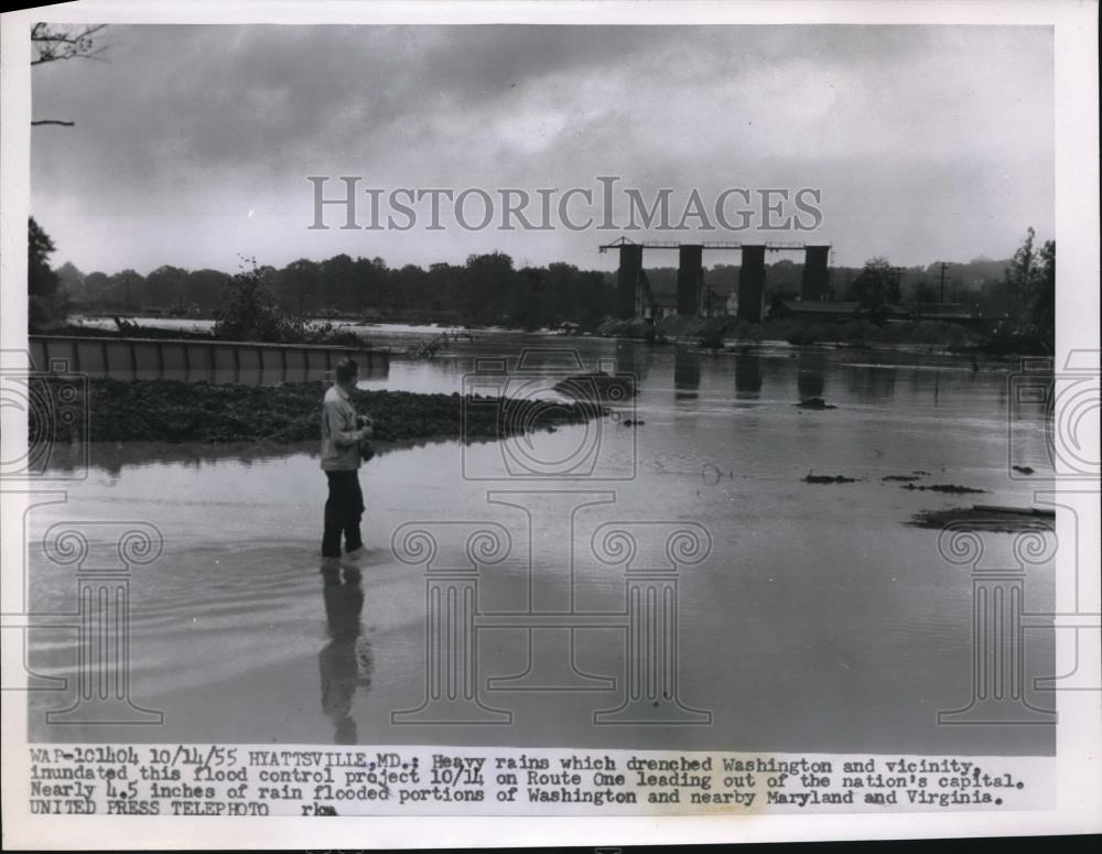 1955 Press Photo Flood Control Project Near Hyattsville in Maryland Flooded - Historic Images