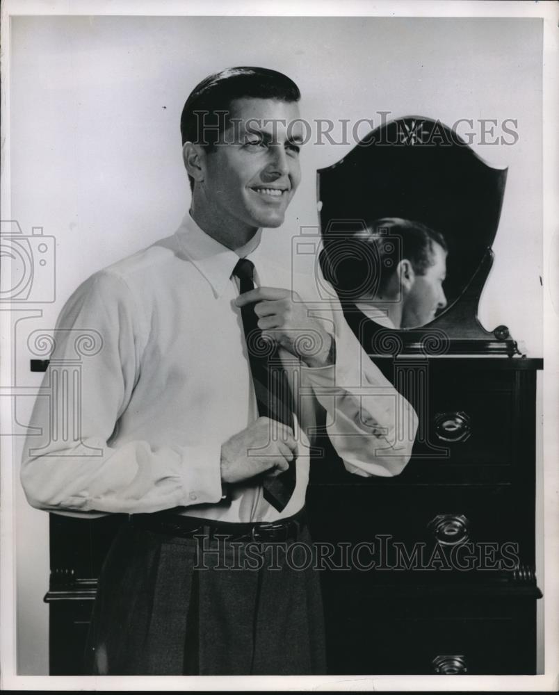 1953 Press Photo Man Modeling Dress Shirt with Tie - Historic Images