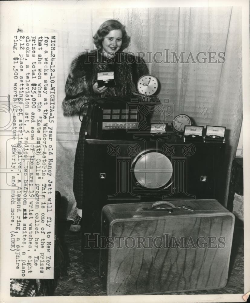 1949 Press Photo Nancy Jett Age 15 Won $25000 Worth of Prizes &quot;Kate Smith Calls&quot; - Historic Images