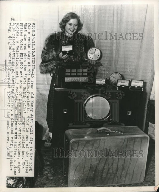 1949 Press Photo Nancy Jett Age 15 Won $25000 Worth of Prizes "Kate Smith Calls" - Historic Images