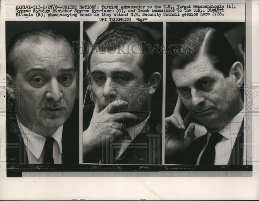 1964 Press Photo Turkish Amb to US t Menemencioglu, S Kyprianou of Greece at UN - Historic Images