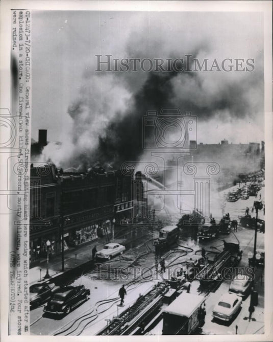 1951 Press Photo Firemen Fighting Blaze Due To Explosion at Store 1 Fireman Died - Historic Images