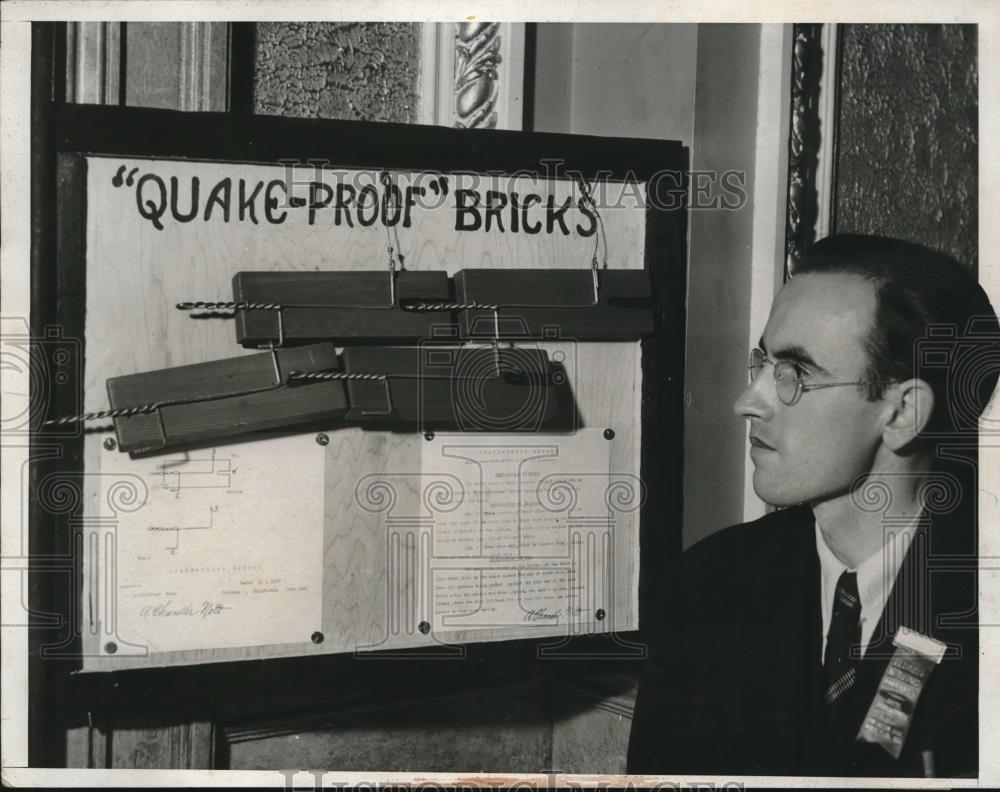 1933 Press Photo Inventor A C Nott &amp; his quake proof bricks for bldgs - Historic Images