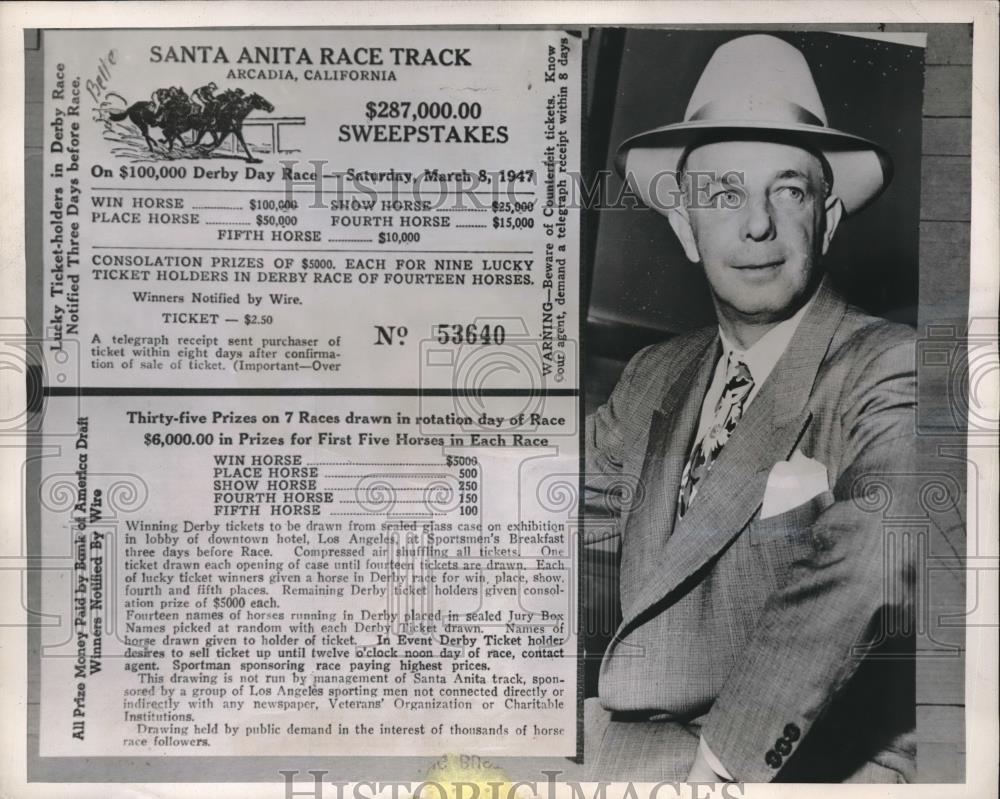 1947 Press Photo Sacramento, Calif. W Doyle &amp; a lottery ticket for 278 thousand - Historic Images