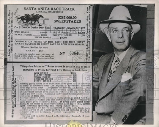 1947 Press Photo Sacramento, Calif. W Doyle & a lottery ticket for 278 thousand - Historic Images