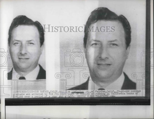 1957 Press Photo William Liebacher, College Student, Arrested For Robbery By FBI - Historic Images