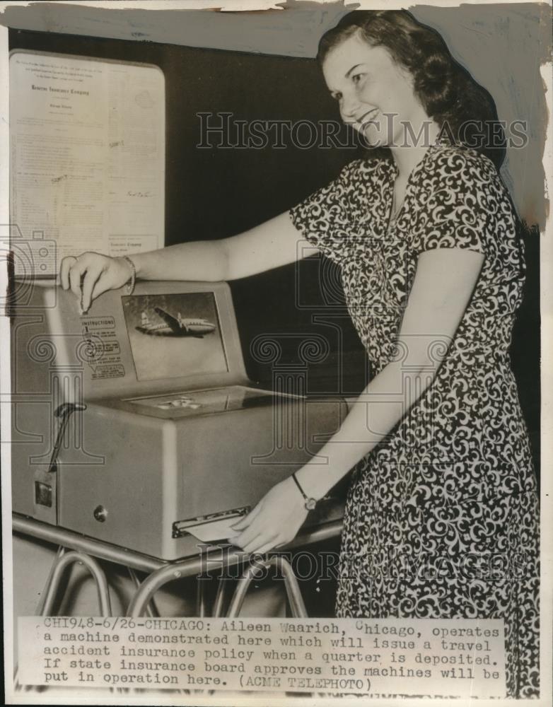 Press Photo Aileen Waarich Operates Machine Issues Travel Accident Insurance - Historic Images