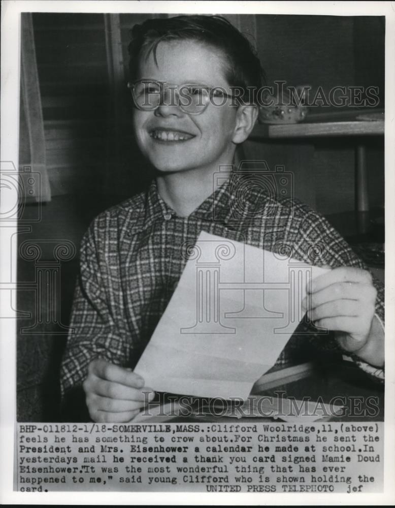 1955 Press Photo Clifford Woolridge gets thank you card from Eisenhower - Historic Images