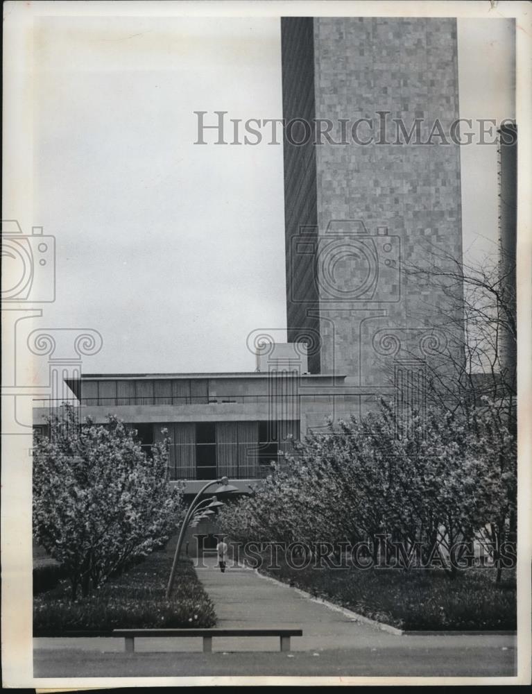 1963 Press Photo UN Secretariat Building Adorned With Blossoming Cherry Trees - Historic Images