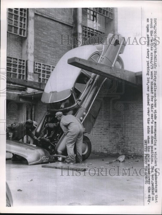 1958 Press Photo Car Parked on 2nd Story 60 Mile and Hour Winds Pushed Over Side - Historic Images