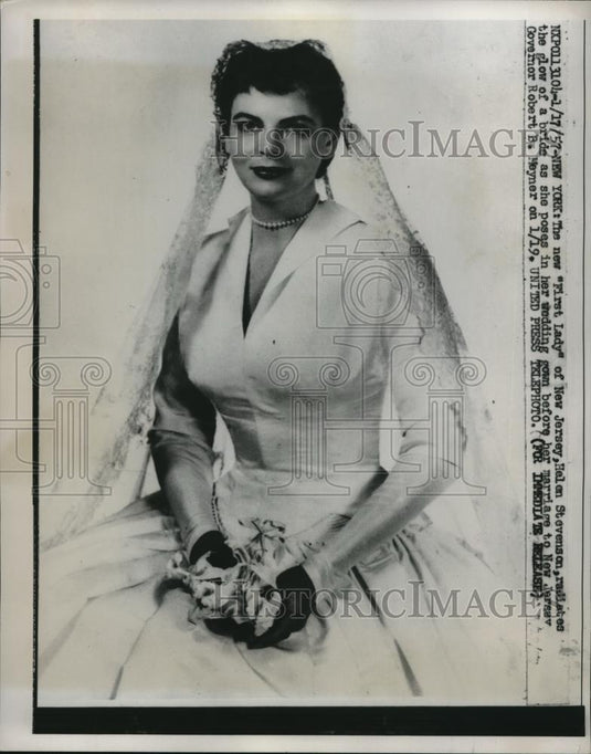 1957 Press Photo First Lady of New Jersey Helen Stevenson in Wedding Gown - Historic Images