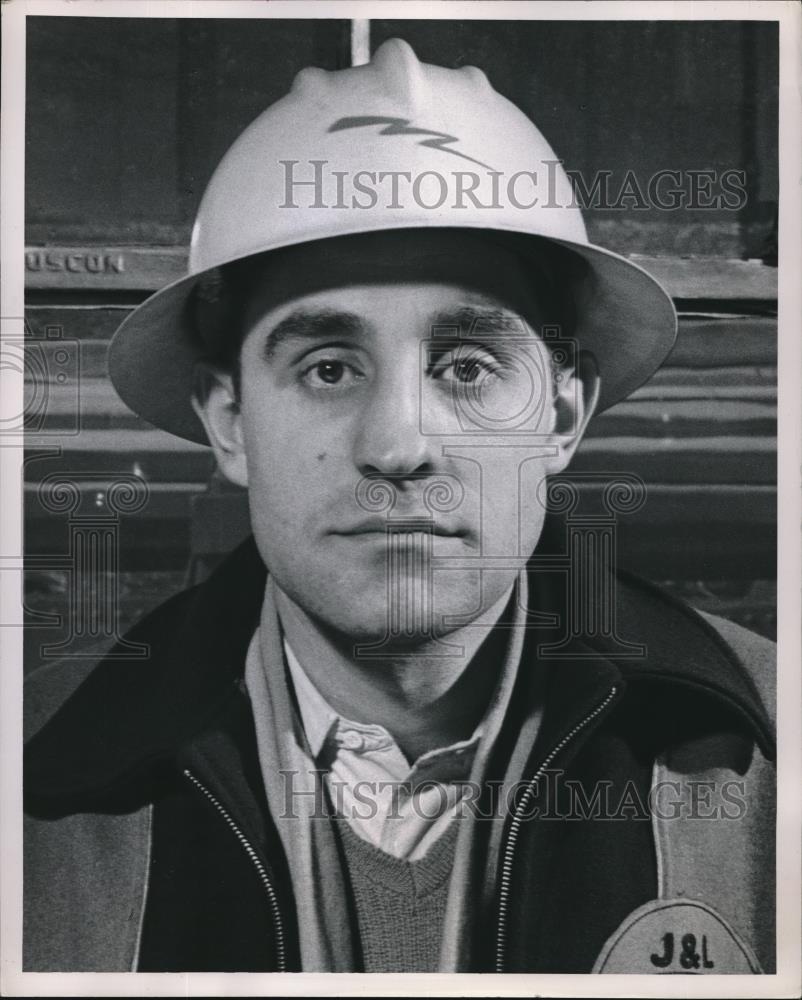 1953 Press Photo Electrical Clerk Wearing a Hard Hat - neb90438 - Historic Images