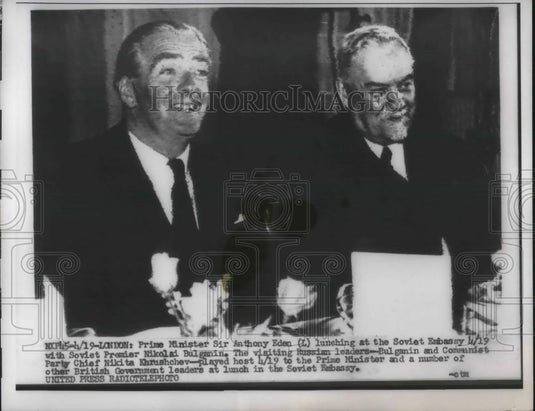 1956 Press Photo London, Prime Minister Sir Anthony Eden & Soviet N Bulganin - Historic Images