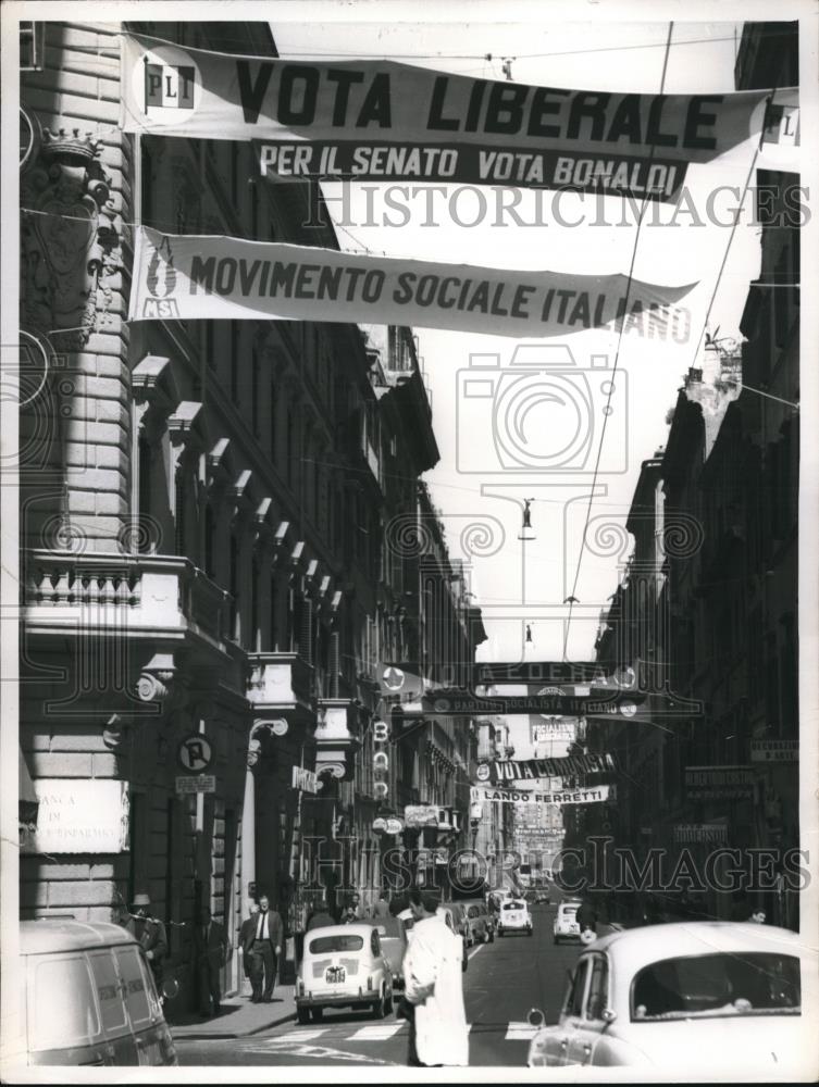 1963 Press Photo Political Banners Decorate Streets In Rome - Historic Images