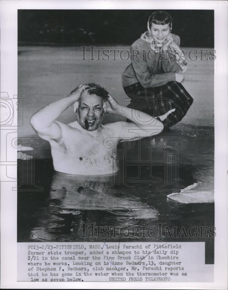 1954 Press Photo Louis Perachi Anne Bedars at a creak at a country club. - Historic Images