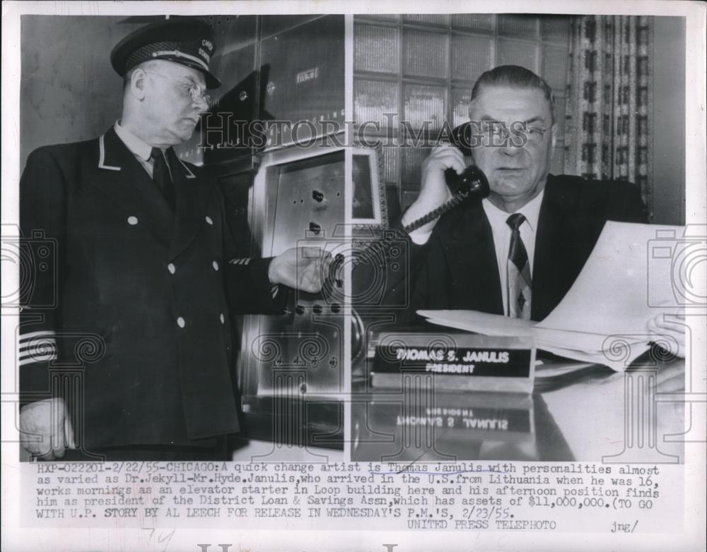 1955 Press Photo Thomas Janulis of Chicago, elevator operator &amp; bank president - Historic Images