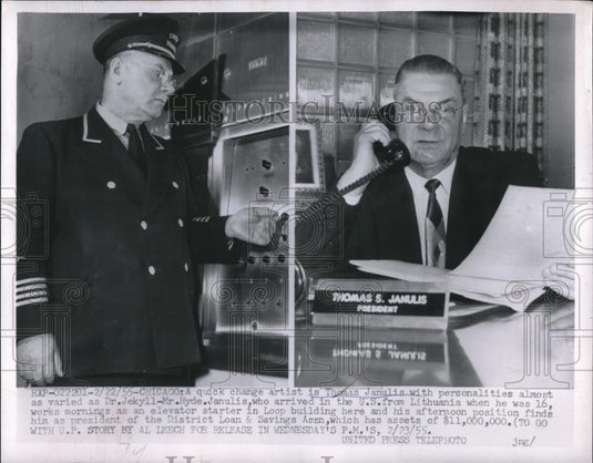 1955 Press Photo Thomas Janulis of Chicago, elevator operator & bank president - Historic Images