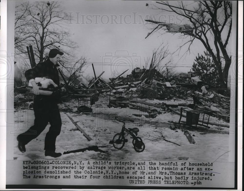 1955 Press Photo Child Tricycle Recovered by Salvage Workers After Explosion - Historic Images