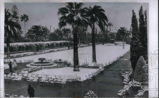 1956 Press Photo Snow Covers Lawn and Flowers at Albert I Gardens in Nice - Historic Images