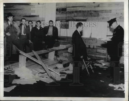 1945 Press Photo Montreal, Canada Roger Duhamelk candidate inspects damage at HQ - Historic Images