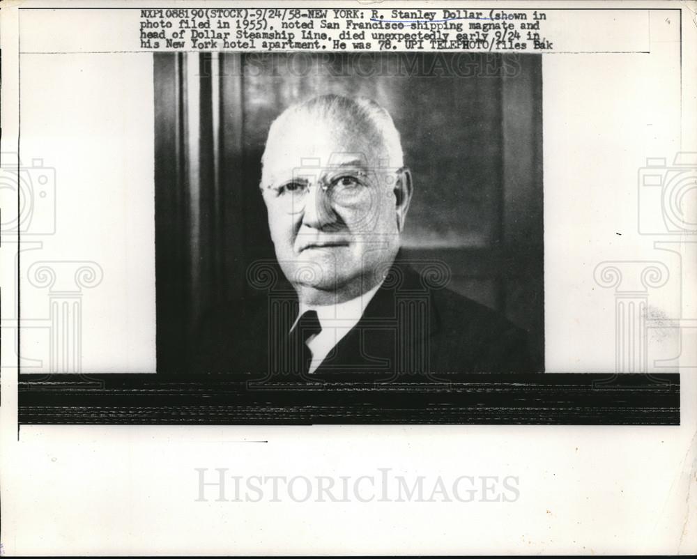 1958 Press Photo Shipping Magnate R Stanley Dollar Died In New York Hotel - Historic Images