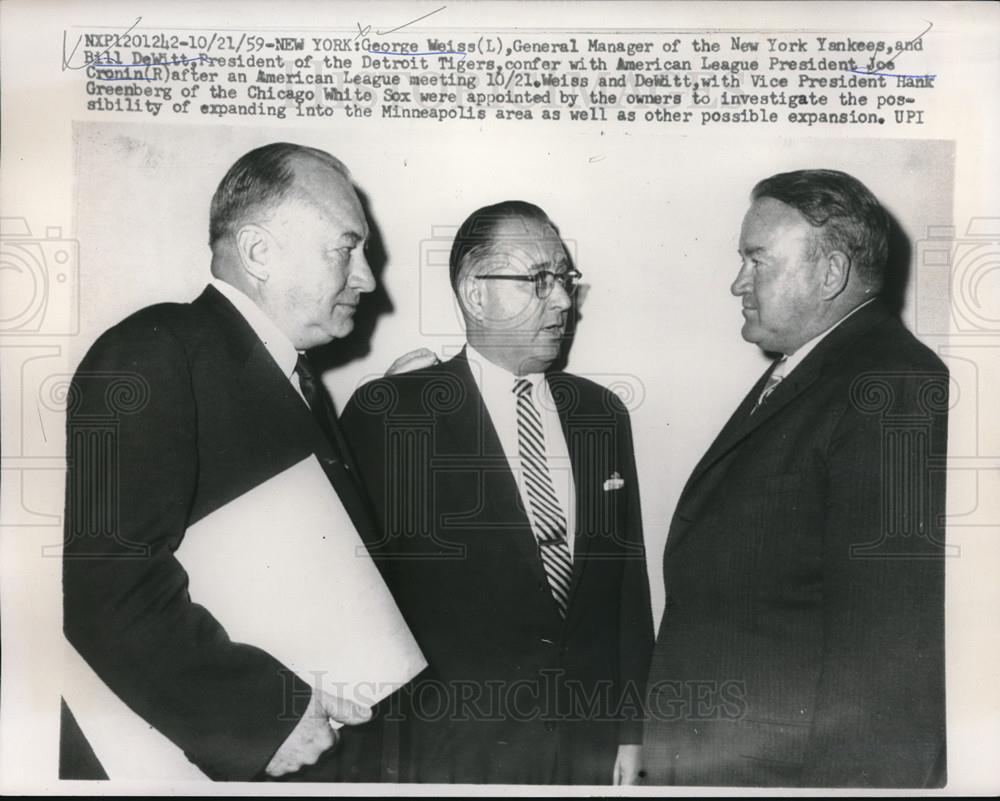 1959 Press Photo George Weiss of Yankees, Bill DeWitt of Detroit, Joe Cronin - Historic Images