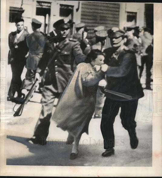 1950 Press Photo Woman Demonstrator Arrested During 12 Hour Strike Riots - Historic Images
