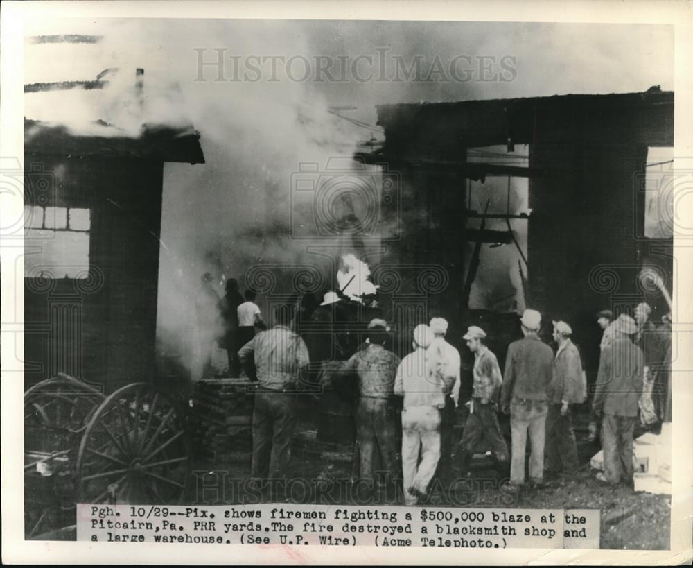 1948 Press Photo Firemen Fighting Blaze at Pitcairn PA PRR Yards - neb72782 - Historic Images
