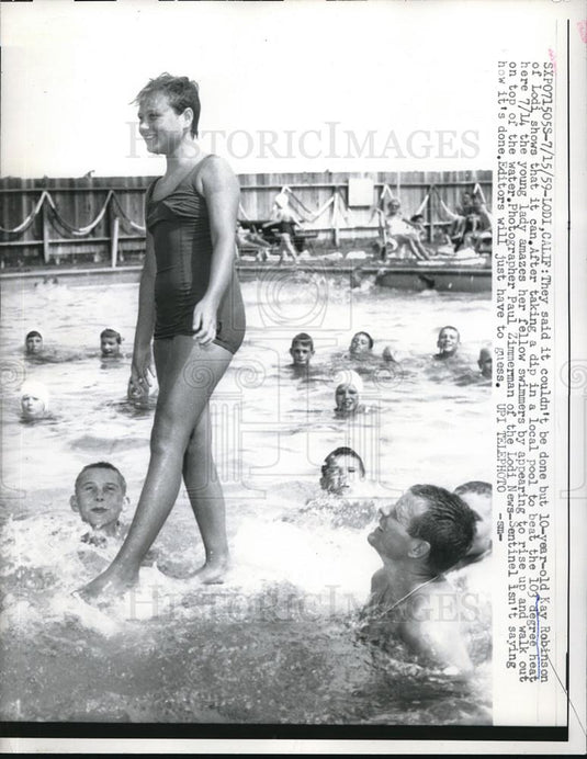 1959 Press Photo Kay Robinson Age 10 Appears to Be Walking on Water at Pool - Historic Images