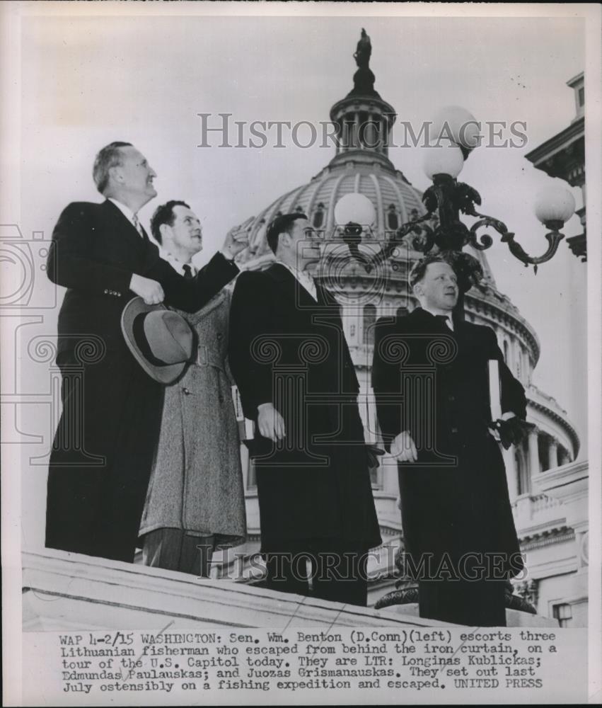 1952 Press Photo Sen William Benton Escorts Three Lithuanian Fishermen - Historic Images