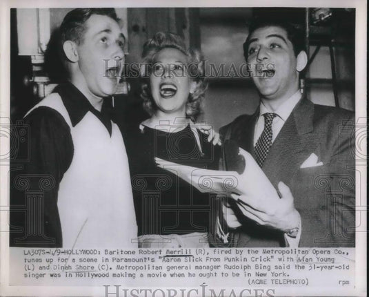 1951 Press Photo Hollywood, Baritone Rbt Merrill,Dinah Shore,Alan Young - Historic Images