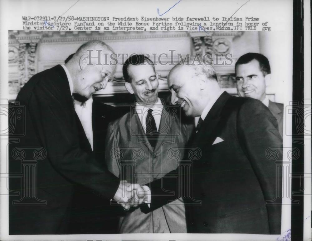 1958 Press Photo President Eisenhower Prime Minister Amintore Fanfani VP Nixon - Historic Images